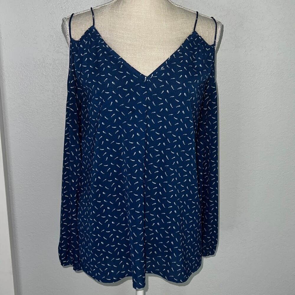 Crescent Cold Shoulder Strappy Blue Feather Blouse - NWOT - Size M